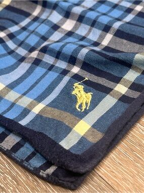 Ralph Lauren Plaid Pocket Square with Embroidered Polo Logo Blue Yellow Tartan